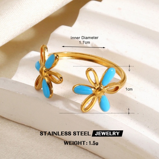 Immagine di Donne Regalo Fiore Blu Smalto Aperto Regolabile Anello All'Ingrosso, Placcato Oro 18K 304 Acciaio Inossidabile, PVD Ecologica Elegante Stile Ins Fornitura di Gioielli, 17mm (taglia di US: 6.5), 1 Pz