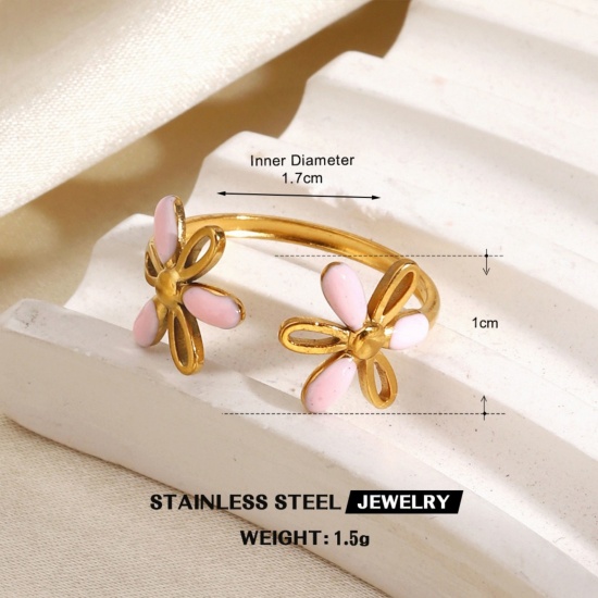 Immagine di Donne Regalo Fiore Rosa Smalto Aperto Regolabile Anello All'Ingrosso, Placcato Oro 18K 304 Acciaio Inossidabile, PVD Ecologica Elegante Stile Ins Fornitura di Gioielli, 17mm (taglia di US: 6.5), 1 Pz