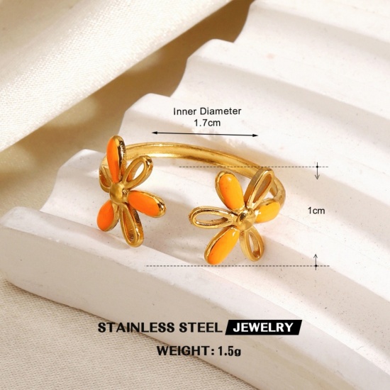 Immagine di Donne Regalo Fiore Arancione Smalto Aperto Regolabile Anello All'Ingrosso, Placcato Oro 18K 304 Acciaio Inossidabile, PVD Ecologica Elegante Stile Ins Fornitura di Gioielli, 17mm (taglia di US: 6.5), 1 Pz