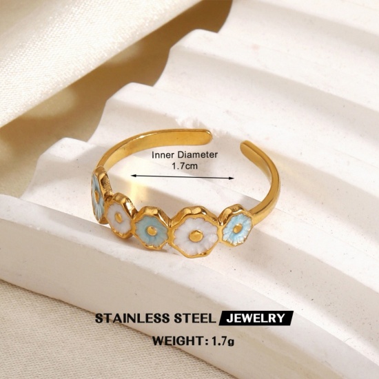 Immagine di Donne Regalo Fiore Bianco & Blu Smalto Aperto Regolabile Anello All'Ingrosso, Placcato Oro 18K 304 Acciaio Inossidabile, PVD Ecologica Elegante Stile Ins Fornitura di Gioielli, 17mm (taglia di US: 6.5), 1 Pz