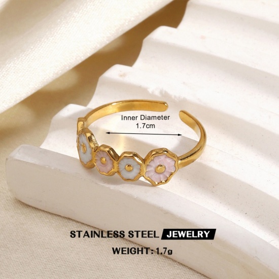 Immagine di Donne Regalo Fiore Bianco & Rosa Smalto Aperto Regolabile Anello All'Ingrosso, Placcato Oro 18K 304 Acciaio Inossidabile, PVD Ecologica Elegante Stile Ins Fornitura di Gioielli, 17mm (taglia di US: 6.5), 1 Pz