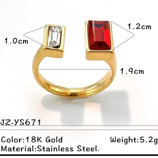 Picture of Wholesale Women's Gift Rectangle Red Rhinestone Rhinestone Open Rings, 18K Gold Plated 304 Stainless Steel, Eco-friendly PVD Elegant Stylish Jewelry Supply, 19mm(US Size 9), 1 Piece