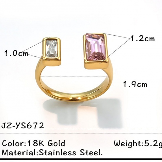 Picture of Wholesale Women's Gift Rectangle Pink Rhinestone Rhinestone Open Rings, 18K Gold Plated 304 Stainless Steel, Eco-friendly PVD Elegant Stylish Jewelry Supply, 19mm(US Size 9), 1 Piece