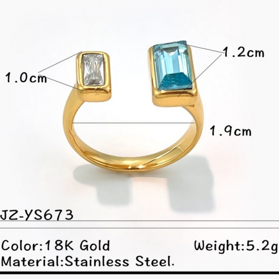 Picture of Wholesale Women's Gift Rectangle Blue Rhinestone Rhinestone Open Rings, 18K Gold Plated 304 Stainless Steel, Eco-friendly PVD Elegant Stylish Jewelry Supply, 19mm(US Size 9), 1 Piece