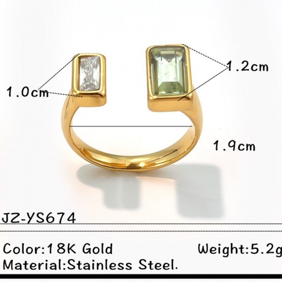 Picture of Wholesale Women's Gift Rectangle Green Rhinestone Rhinestone Open Rings, 18K Gold Plated 304 Stainless Steel, Eco-friendly PVD Elegant Stylish Jewelry Supply, 19mm(US Size 9), 1 Piece