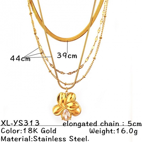 Picture of Wholesale Flower Multilayer Layered Necklace, 18K Gold Plated 304 Stainless Steel Snake Chain, Women's PVD Flora Collection Stylish Gift Jewelry For Retailer, 44cm(17.3") + 5cm(2") long, 1 Piece