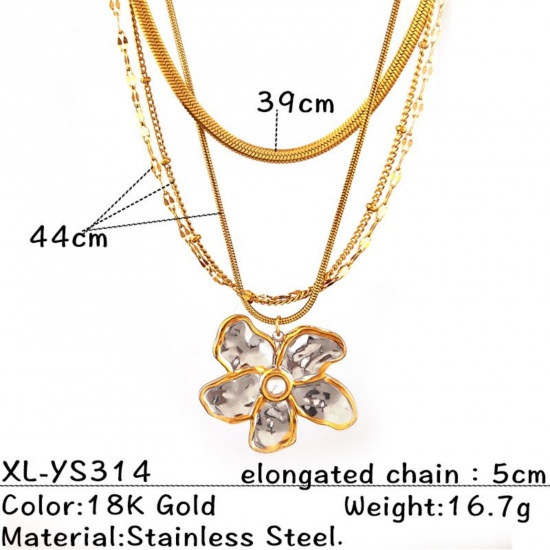 Picture of Wholesale Flower Multilayer Layered Necklace, 18K Gold Plated 304 Stainless Steel Snake Chain, Women's PVD Flora Collection Stylish Gift Jewelry For Retailer, 44cm(17.3") + 5cm(2") long, 1 Piece