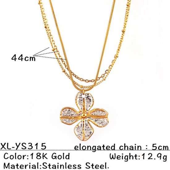 Picture of Wholesale Flower Multilayer Layered Necklace, 18K Gold Plated 304 Stainless Steel Snake Chain, Women's PVD Flora Collection Stylish Gift Jewelry For Retailer, 44cm(17.3") + 5cm(2") long, 1 Piece