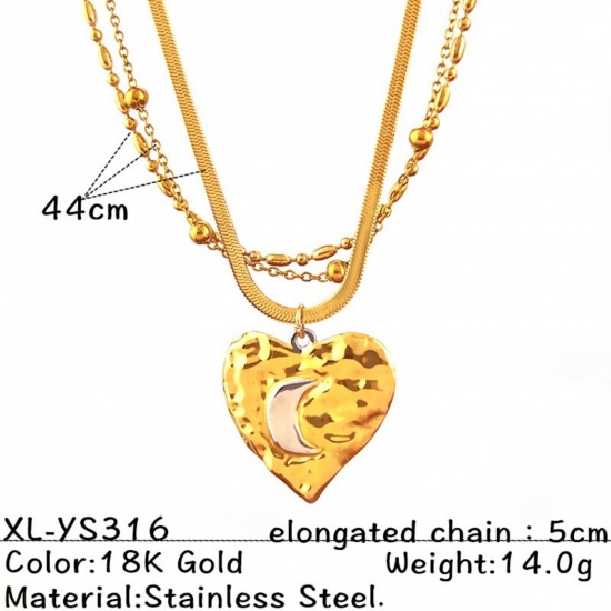Picture of Wholesale Heart Multilayer Layered Necklace, 18K Gold Plated 304 Stainless Steel Snake Chain, Women's PVD Flora Collection Stylish Gift Jewelry For Retailer, 44cm(17.3") + 5cm(2") long, 1 Piece