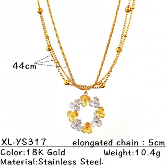 Picture of Wholesale Flower Multilayer Layered Necklace, 18K Gold Plated 304 Stainless Steel Snake Chain, Women's PVD Flora Collection Stylish Gift Jewelry For Retailer, 44cm(17.3") + 5cm(2") long, 1 Piece