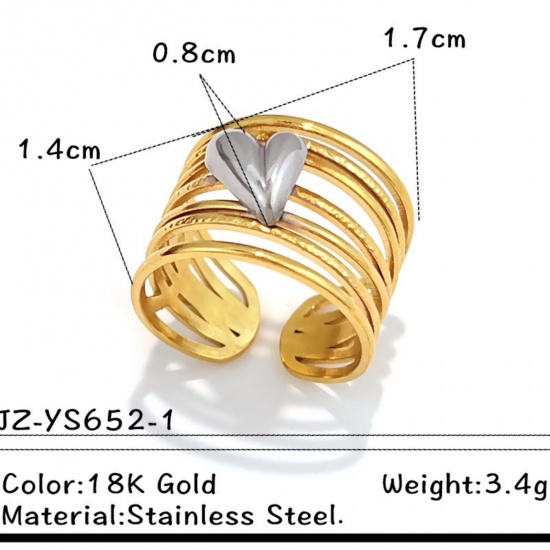 Picture of Wholesale Unisex Gift Heart Open Adjustable Rings, 18K Gold Plated & Silver Tone 304 Stainless Steel, PVD Casual Stylish Jewelry Supply, 17.3mm(US Size 7), 1 Piece