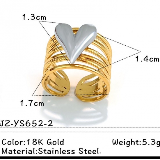 Picture of Wholesale Unisex Gift Heart Open Adjustable Rings, 18K Gold Plated & Silver Tone 304 Stainless Steel, PVD Casual Stylish Jewelry Supply, 17.3mm(US Size 7), 1 Piece