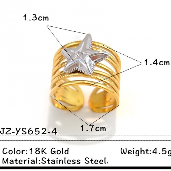 Picture of Wholesale Unisex Gift Pentagram Star Open Adjustable Rings, 18K Gold Plated & Silver Tone 304 Stainless Steel, PVD Casual Stylish Jewelry Supply, 17.3mm(US Size 7), 1 Piece
