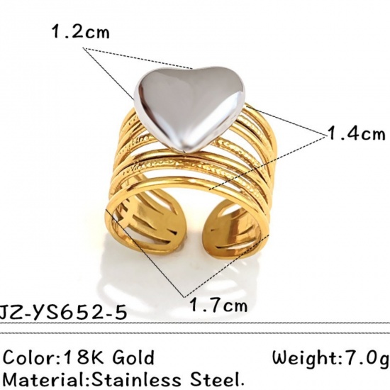 Picture of Wholesale Unisex Gift Heart Open Adjustable Rings, 18K Gold Plated & Silver Tone 304 Stainless Steel, PVD Casual Stylish Jewelry Supply, 17.3mm(US Size 7), 1 Piece