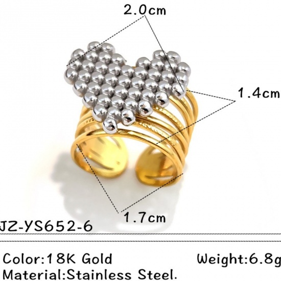 Picture of Wholesale Unisex Gift Heart Open Adjustable Rings, 18K Gold Plated & Silver Tone 304 Stainless Steel, PVD Casual Stylish Jewelry Supply, 17.3mm(US Size 7), 1 Piece