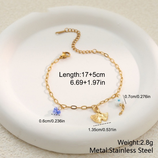 Picture of Wholesale Leaf 304 Stainless Steel Link Cable Chain Charm Bracelets, 18K Gold Plated PVD, Women's Flora Collection Exquisite Gift Jewelry Supply, 17cm(6.7") + 5cm(2") long, 1 Piece