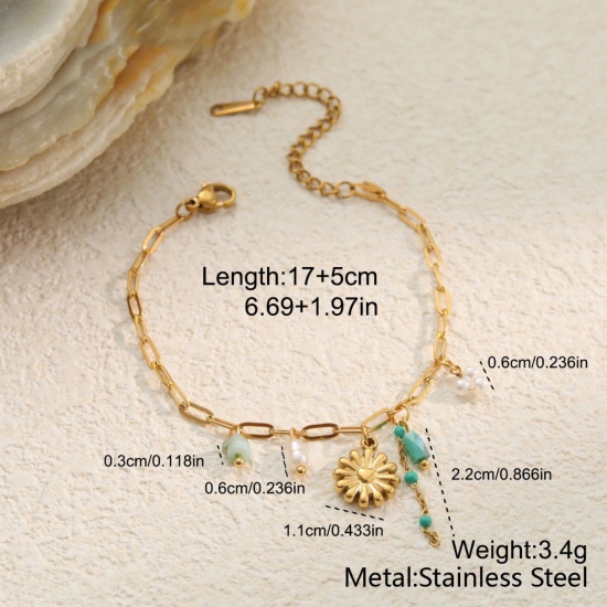 Picture of Wholesale Flower 304 Stainless Steel Link Cable Chain Charm Bracelets, 18K Gold Plated PVD, Women's Flora Collection Exquisite Gift Jewelry Supply, 17cm(6.7") + 5cm(2") long, 1 Piece