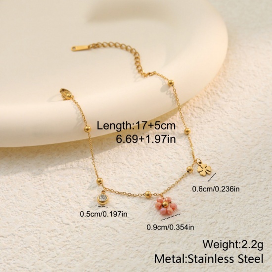 Picture of Wholesale Flower 304 Stainless Steel Link Cable Chain Charm Bracelets, 18K Gold Plated PVD, Women's Flora Collection Exquisite Gift Jewelry Supply, 17cm(6.7") + 5cm(2") long, 1 Piece