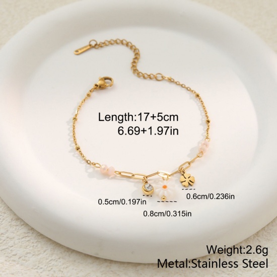 Picture of Wholesale Four Leaf Clover 304 Stainless Steel Link Cable Chain Charm Bracelets, 18K Gold Plated PVD, Women's Flora Collection Exquisite Gift Jewelry Supply, 17cm(6.7") + 5cm(2") long, 1 Piece