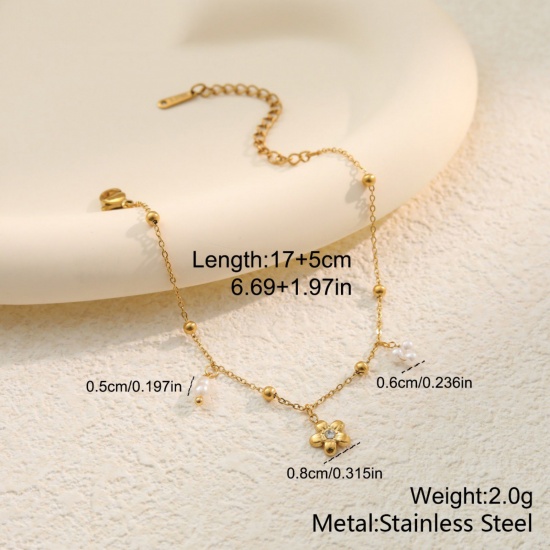 Picture of Wholesale Flower 304 Stainless Steel Link Cable Chain Charm Bracelets, 18K Gold Plated PVD, Women's Flora Collection Exquisite Gift Jewelry Supply, 17cm(6.7") + 5cm(2") long, 1 Piece
