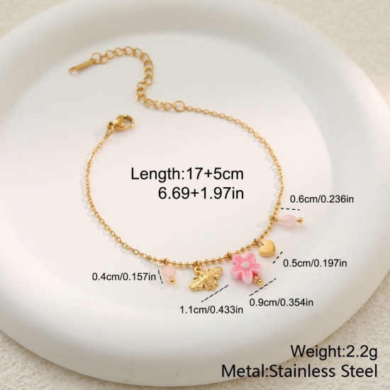 Picture of Wholesale Bee Animal 304 Stainless Steel Link Cable Chain Charm Bracelets, 18K Gold Plated PVD, Women's Flora Collection Exquisite Gift Jewelry Supply, 17cm(6.7") + 5cm(2") long, 1 Piece