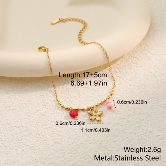 Picture of Wholesale Flower 304 Stainless Steel Link Cable Chain Charm Bracelets, 18K Gold Plated PVD, Women's Flora Collection Exquisite Gift Jewelry Supply, 17cm(6.7") + 5cm(2") long, 1 Piece