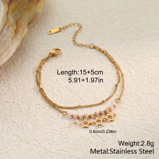 Picture of Wholesale Pentagram Star 304 Stainless Steel Link Cable Chain Charm Bracelets, 18K Gold Plated PVD, Women's Flora Collection Exquisite Gift Jewelry Supply, 17cm(6.7") + 5cm(2") long, 1 Piece
