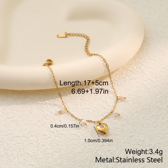 Picture of Wholesale Heart 304 Stainless Steel Charm Bracelets, 18K Gold Plated Women's Valentine's Day Stylish Gift Jewelry Supply, 17cm(6.7") + 5cm(2") long, 1 Piece
