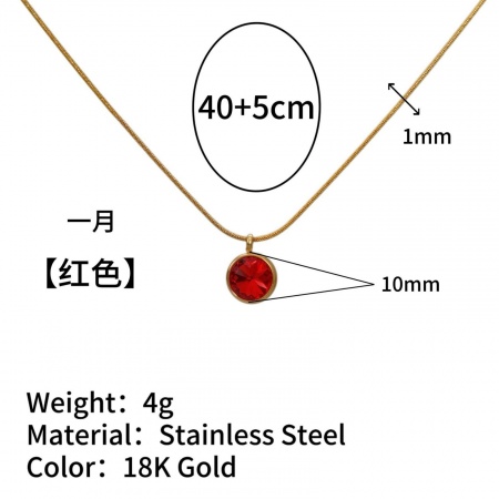 Picture of Wholesale Round Red Rhinestone January Birthstone Pendant Charm Necklace, 18K Gold Plated 304 Stainless Steel Snake Chain, Women's Vacuum Plating Ins Style Minimalist Gift Jewelry For Retailer, 40cm(15.7") + 5cm(2") long, 1 Piece