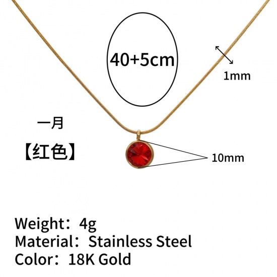 Immagine di Tondo Rosso Strass Pietra Di Nascita Gennaio Collana con Ciondolo All'Ingrosso, Placcato Oro 18K 304 Acciaio Inossidabile Catena di Serpente, Donne Placcatura Sottovuoto Stile Ins Minimalista Regalo Gioielli Per Rivenditore, 40cm + 5cm Lunghezza, 1 Pz