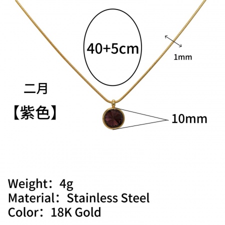 Picture of Wholesale Round Purple Rhinestone February Birthstone Pendant Charm Necklace, 18K Gold Plated 304 Stainless Steel Snake Chain, Women's Vacuum Plating Ins Style Minimalist Gift Jewelry For Retailer, 40cm(15.7") + 5cm(2") long, 1 Piece