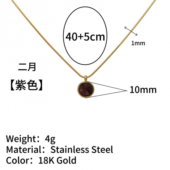 Immagine di Tondo Ametista Strass Pietra Di Nascita Febbraio Collana con Ciondolo All'Ingrosso, Placcato Oro 18K 304 Acciaio Inossidabile Catena di Serpente, Donne Placcatura Sottovuoto Stile Ins Minimalista Regalo Gioielli Per Rivenditore, 40cm + 5cm Lunghezza, 1 Pz