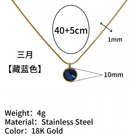 Picture of Wholesale Round Blue Rhinestone March Birthstone Pendant Charm Necklace, 18K Gold Plated 304 Stainless Steel Snake Chain, Women's Vacuum Plating Ins Style Minimalist Gift Jewelry For Retailer, 40cm(15.7") + 5cm(2") long, 1 Piece