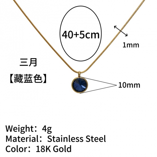 Immagine di Tondo Blu Strass Pietra Di Nascita Marzo Collana con Ciondolo All'Ingrosso, Placcato Oro 18K 304 Acciaio Inossidabile Catena di Serpente, Donne Placcatura Sottovuoto Stile Ins Minimalista Regalo Gioielli Per Rivenditore, 40cm + 5cm Lunghezza, 1 Pz