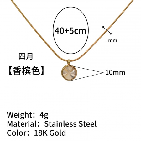 Picture of Wholesale Round Champagne Rhinestone April Birthstone Pendant Charm Necklace, 18K Gold Plated 304 Stainless Steel Snake Chain, Women's Vacuum Plating Ins Style Minimalist Gift Jewelry For Retailer, 40cm(15.7") + 5cm(2") long, 1 Piece