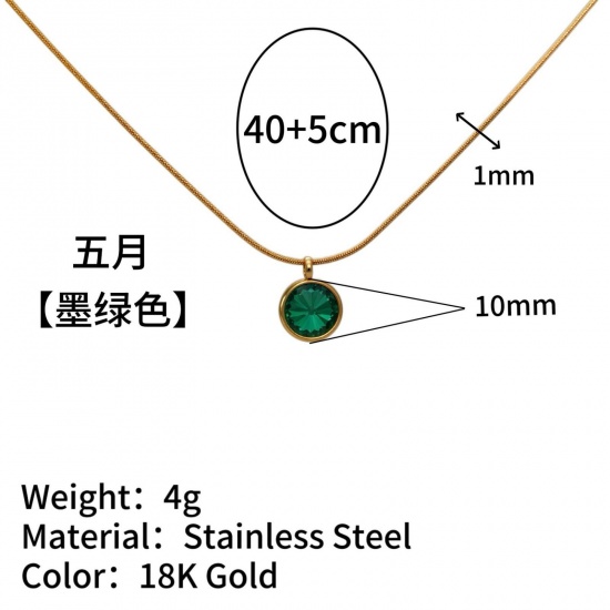 Immagine di Tondo Verde Scuro Strass Pietra Di Nascita Maggio Collana con Ciondolo All'Ingrosso, Placcato Oro 18K 304 Acciaio Inossidabile Catena di Serpente, Donne Placcatura Sottovuoto Stile Ins Minimalista Regalo Gioielli Per Rivenditore, 40cm + 5cm Lunghezza, 1 Pz