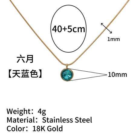 Picture of Wholesale Round Skyblue Rhinestone June Birthstone Pendant Charm Necklace, 18K Gold Plated 304 Stainless Steel Snake Chain, Women's Vacuum Plating Ins Style Minimalist Gift Jewelry For Retailer, 40cm(15.7") + 5cm(2") long, 1 Piece