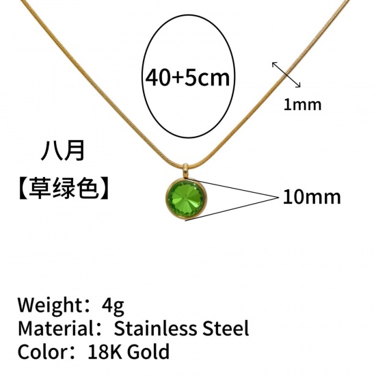 Immagine di Tondo Erba Verde Strass Pietra Di Nascita Agosto Collana con Ciondolo All'Ingrosso, Placcato Oro 18K 304 Acciaio Inossidabile Catena di Serpente, Donne Placcatura Sottovuoto Stile Ins Minimalista Regalo Gioielli Per Rivenditore, 40cm + 5cm Lunghezza, 1 Pz