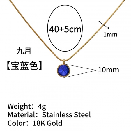 Picture of Wholesale Round Royal Blue Rhinestone September Birthstone Pendant Charm Necklace, 18K Gold Plated 304 Stainless Steel Snake Chain, Women's Vacuum Plating Ins Style Minimalist Gift Jewelry For Retailer, 40cm(15.7") + 5cm(2") long, 1 Piece