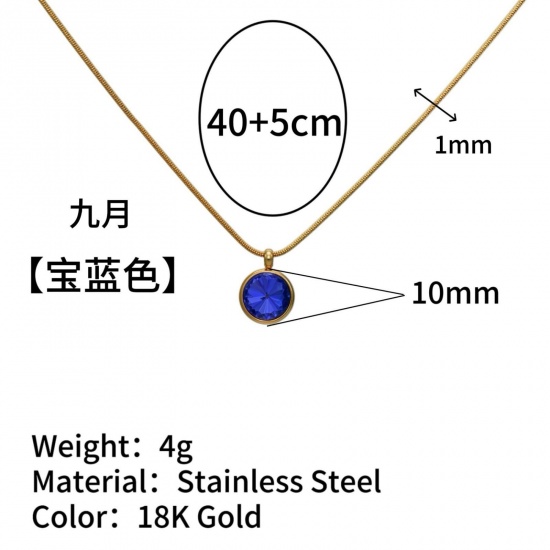 Immagine di Tondo Blu Marino Strass Pietra Di Nascita Settembre Collana con Ciondolo All'Ingrosso, Placcato Oro 18K 304 Acciaio Inossidabile Catena di Serpente, Donne Placcatura Sottovuoto Stile Ins Minimalista Regalo Gioielli Per Rivenditore, 40cm + 5cm Lunghezza, 1 Pz