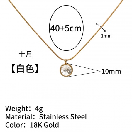 Picture of Wholesale Round White Rhinestone October Birthstone Pendant Charm Necklace, 18K Gold Plated 304 Stainless Steel Snake Chain, Women's Vacuum Plating Ins Style Minimalist Gift Jewelry For Retailer, 40cm(15.7") + 5cm(2") long, 1 Piece