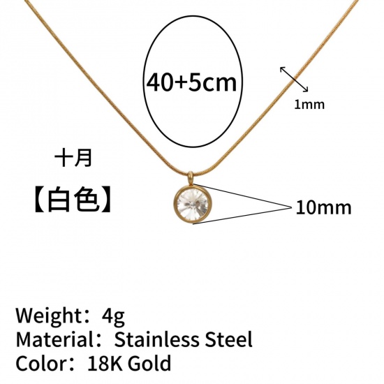 Immagine di Tondo Bianco Strass Pietra Di Nascita Ottobre Collana con Ciondolo All'Ingrosso, Placcato Oro 18K 304 Acciaio Inossidabile Catena di Serpente, Donne Placcatura Sottovuoto Stile Ins Minimalista Regalo Gioielli Per Rivenditore, 40cm + 5cm Lunghezza, 1 Pz