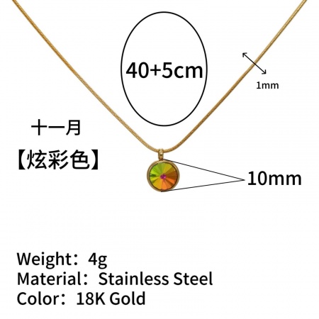 Picture of Wholesale Round Champagne Rhinestone November Birthstone Pendant Charm Necklace, 18K Gold Plated 304 Stainless Steel Snake Chain, Women's Vacuum Plating Ins Style Minimalist Gift Jewelry For Retailer, 40cm(15.7") + 5cm(2") long, 1 Piece