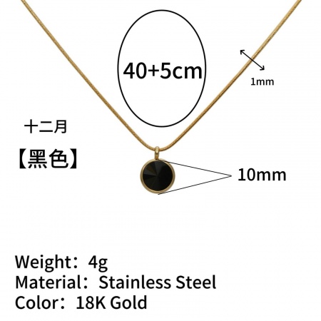 Picture of Wholesale Round Black Rhinestone December Birthstone Pendant Charm Necklace, 18K Gold Plated 304 Stainless Steel Snake Chain, Women's Vacuum Plating Ins Style Minimalist Gift Jewelry For Retailer, 40cm(15.7") + 5cm(2") long, 1 Piece