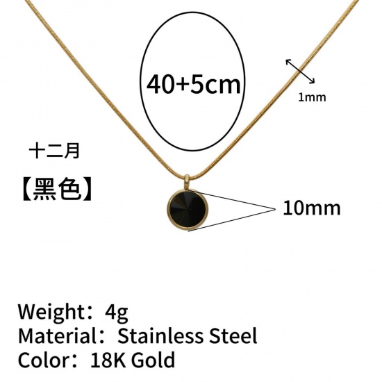Immagine di Tondo Nero Strass Pietra Di Nascita Dicembre Collana con Ciondolo All'Ingrosso, Placcato Oro 18K 304 Acciaio Inossidabile Catena di Serpente, Donne Placcatura Sottovuoto Stile Ins Minimalista Regalo Gioielli Per Rivenditore, 40cm + 5cm Lunghezza, 1 Pz