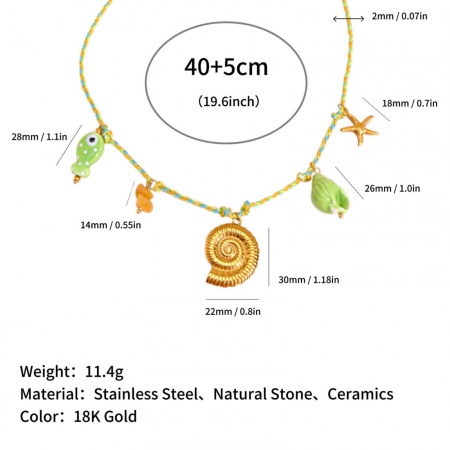 Picture of Wholesale Conch/ Sea Snail Green Station Necklace, 18K Gold Plated 304 Stainless Steel Braided Cord, Women's Eco-friendly PVD Ocean Jewelry Bohemia Boho Gift Jewelry For Retailer, 45cm(17.7") + 5cm(2") long, 1 Piece