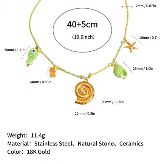 Picture of Wholesale Conch/ Sea Snail Green Station Necklace, 18K Gold Plated 304 Stainless Steel Braided Cord, Women's Eco-friendly PVD Ocean Jewelry Bohemia Boho Gift Jewelry For Retailer, 45cm(17.7") + 5cm(2") long, 1 Piece