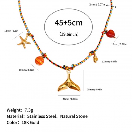 Picture of Wholesale Fishtail Red Station Necklace, 18K Gold Plated 304 Stainless Steel Braided Cord, Women's Eco-friendly PVD Ocean Jewelry Bohemia Boho Gift Jewelry For Retailer, 45cm(17.7") + 5cm(2") long, 1 Piece