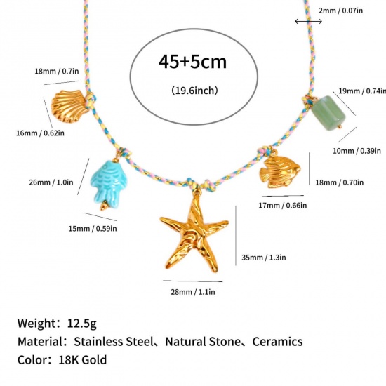 Picture of Wholesale Starfish Green Blue Station Necklace, 18K Gold Plated 304 Stainless Steel Braided Cord, Women's Eco-friendly PVD Ocean Jewelry Bohemia Boho Gift Jewelry For Retailer, 45cm(17.7") + 5cm(2") long, 1 Piece