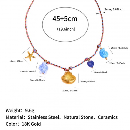 Picture of Wholesale Scallop Blue Station Necklace, 18K Gold Plated 304 Stainless Steel Braided Cord, Women's Eco-friendly PVD Ocean Jewelry Bohemia Boho Gift Jewelry For Retailer, 45cm(17.7") + 5cm(2") long, 1 Piece